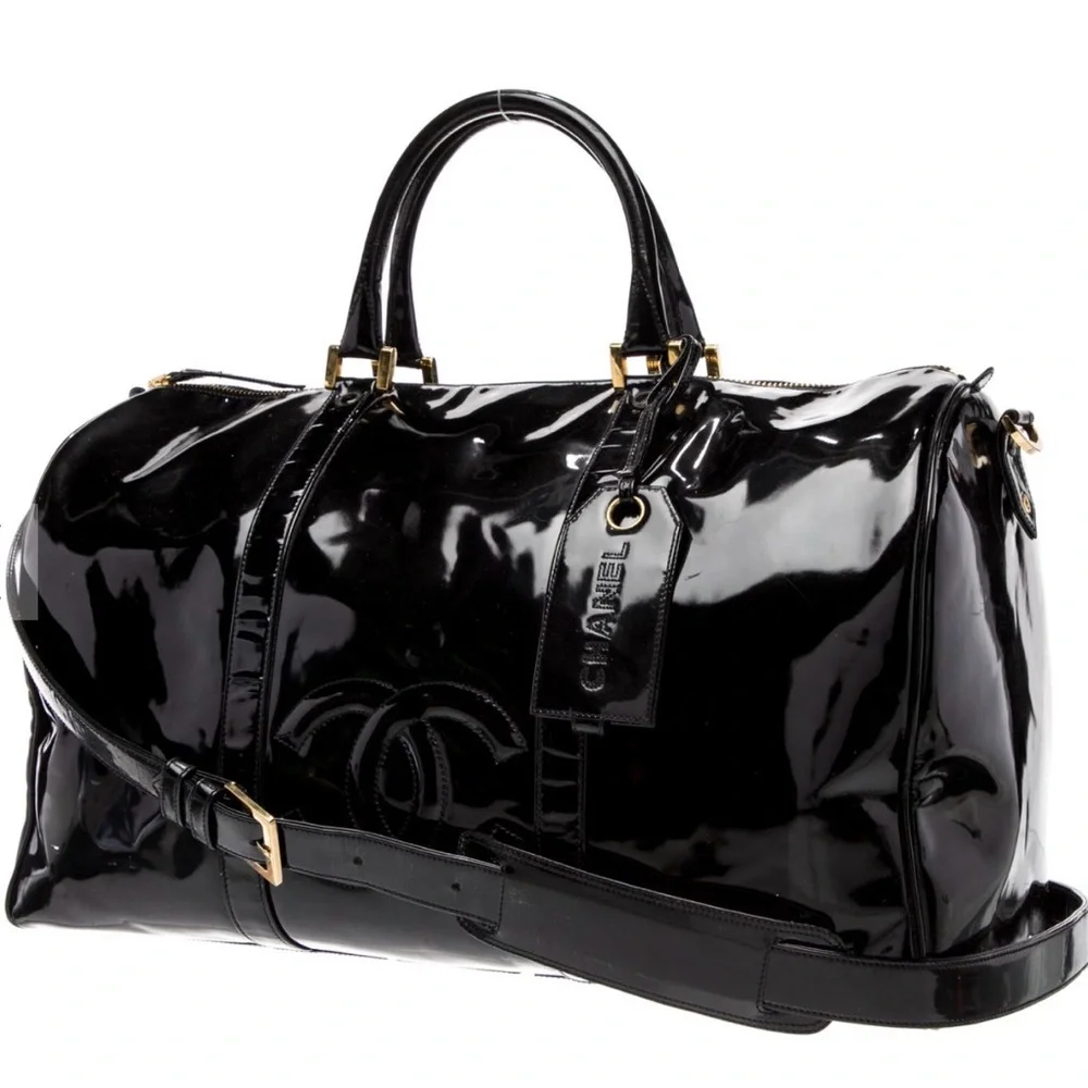 Vintage CHANEL CC Logo Patent Leather Duffel Travel Bag Black